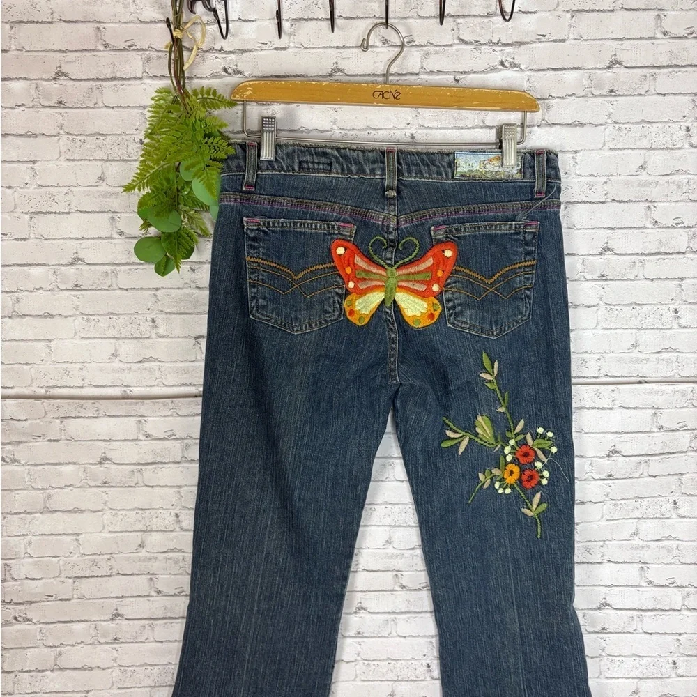 Vintage Y2K Butterfly Flower Embroidered Hippie Lowcut Jeans - Picture 2 of 6